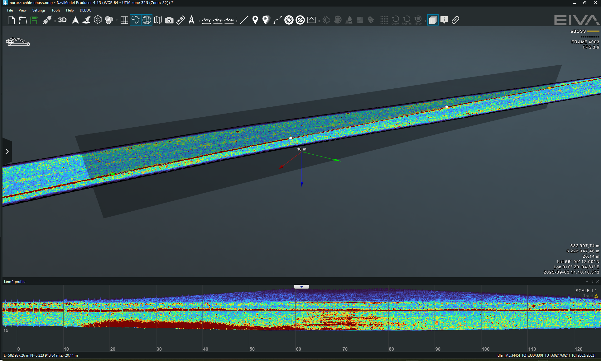 Diagonal profile view showing the digitised cable path at consistent depth. The upper edge marks sonar coverage limits – not the seabed.